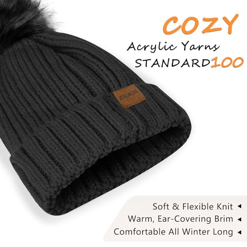 Winter Knitted Beanie Hat with Faux Fur Pom - Black