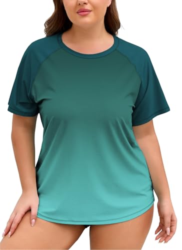 Plus Size Women's UPF 50+ Short Sleeve Rash Guard Swim Top - Green Tie Dye, 3X-Large