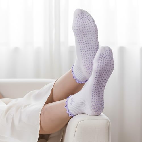 Nonslip Yoga Grip Socks for Women - Purple Bow