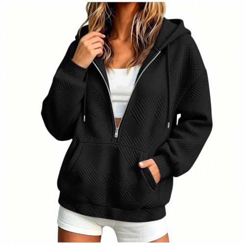 Geometric Jacquard Half Zip Hoodie - Women's Casual Pullover - Large/Black