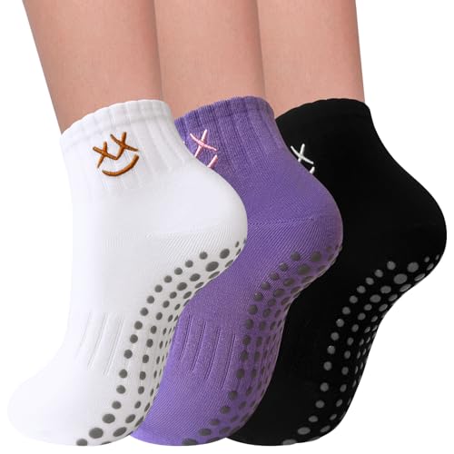 Pilates Socks with Grips - 3 Pairs Non-Slip Crew Socks for Women - White/Black/Purple