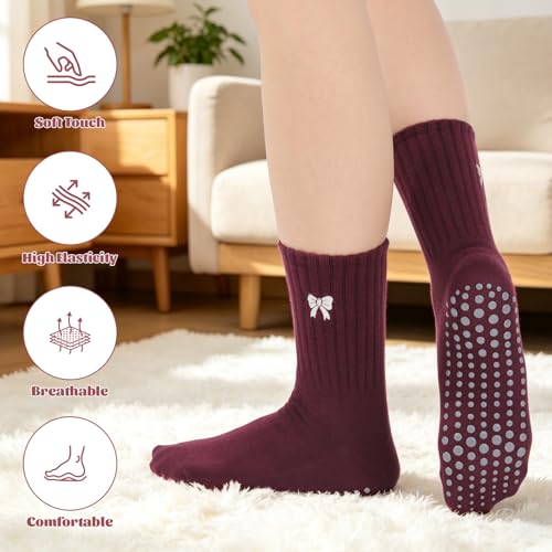 Cute Pilates Socks with Grips - Bow Ruffle Anti-Slip Socks - 4 Pairs