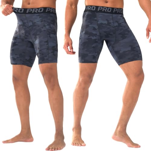 LANBAOSI Men's Camo Black Compression Shorts with Phone Pocket - Gym & Running Tights, Summer Cool Dry Baselayer (Medium)