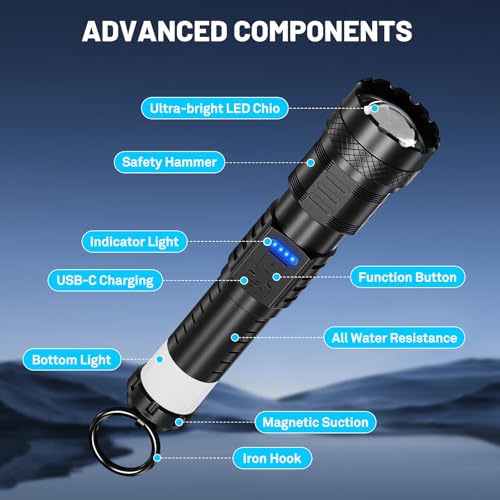 Rechargeable 3000 Lumen LED Flashlight - Earrck Black, High Lumens, 8 Light Modes