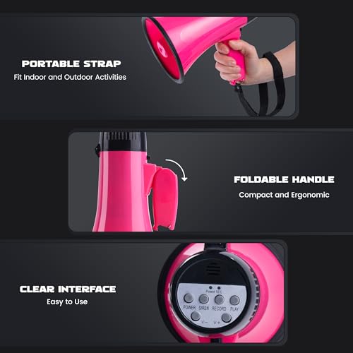 Pink MyMealivos 20W Megaphone Bullhorn with Recording & Siren, 300ft Range, Portable Indoor & Outdoor Use