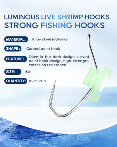 Luminous Live Shrimp Fishing Hooks - Alloy Steel, Size 15# - Silver