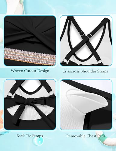 Girls Color Block One-Piece Swimsuit - Criss Cross V-Neck - Black 9-10Y