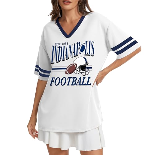 Football Team Graphic T-Shirt for Women - Oversized V Neck - Medium White