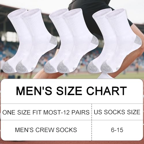 Men's Athletic Crew Socks - Cushioned, Breathable, Moisture Wicking - 12 Pairs, One Size, White