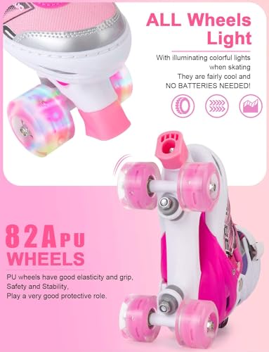 Adjustable Roller Skates for Girls - Illuminating Wheels, A-Pink, Medium (13-3 US)