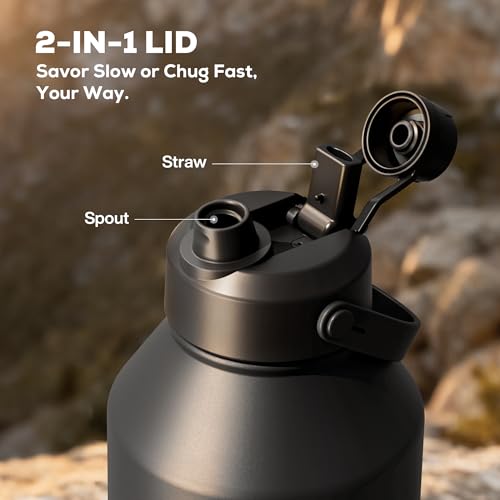 Midnight POWCAN 64oz Insulated Water Bottle with Straw & Spout Leakproof Lid & Shoulder Strap