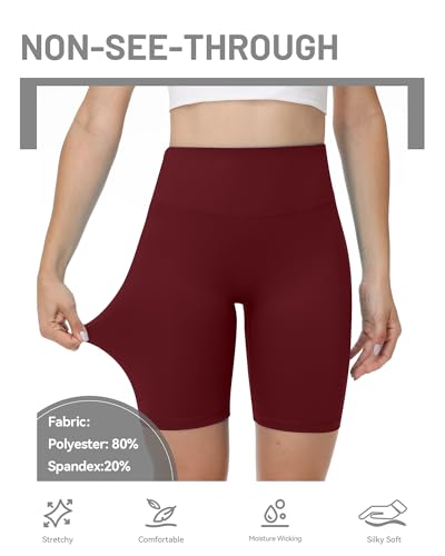 High Waisted Biker Shorts for Women - 8-Inch Inseam, Wine Red
