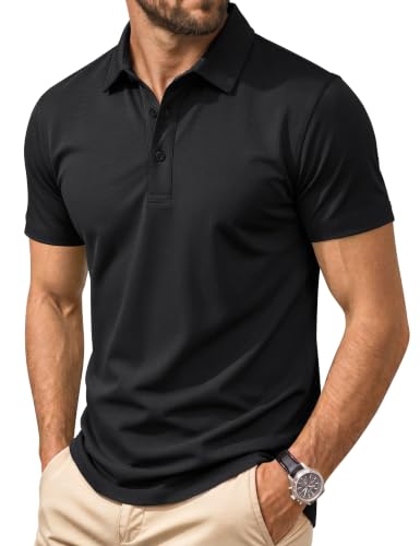 Cotrasen Men's Short Sleeve Cotton Pique Golf Polo Shirt - Medium Black