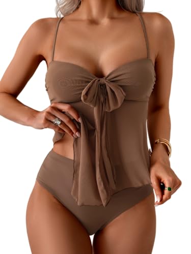 B2prity Women's Tankini Swimsuit Large Brown Tummy Control Mesh Top Bathing Suit