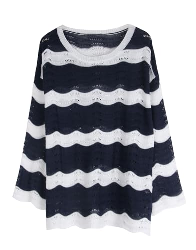 Women's Long Bell Sleeve Crochet Cover Up - Loose Mesh Striped Top