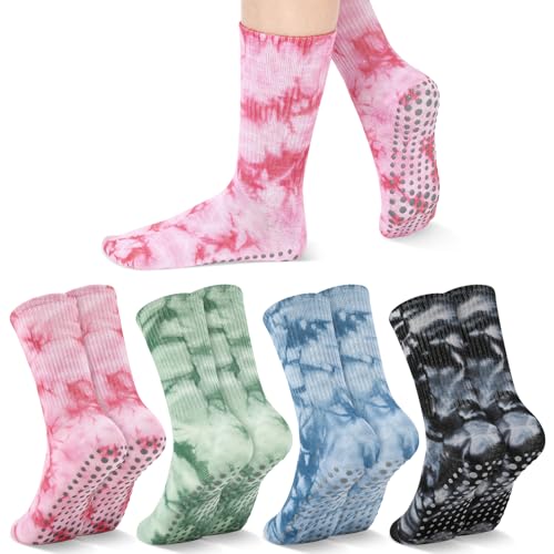 Non-Slip Grippy Pilates Socks for Women - 4 Pairs, One Size, Black+Blue+Pink+Orange