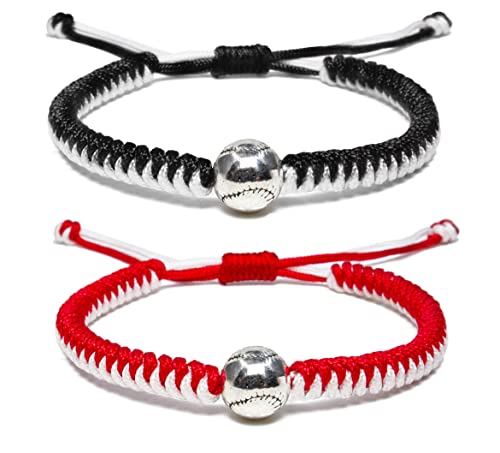 Baseball Bracelets - Adjustable Handmade Braided Wristbands, Red & Black 2PCS
