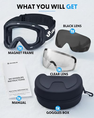 Snowalva Ski & Snowboard Goggles Black & Clear One Size with Detachable UV400 Anti-Fog Lenses