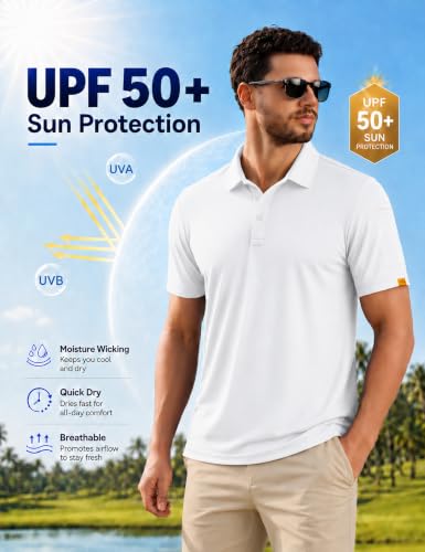 MAGCOMSEN Men's White Golf Polo Shirt Large Short Sleeve Performance Collared Shirt