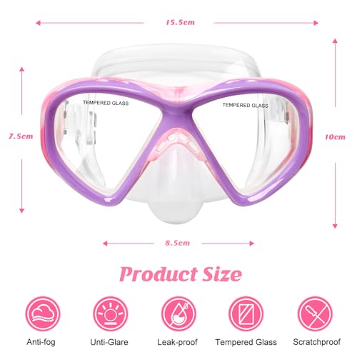 ACQCES Kids Swim Goggles Snorkel Mask 5-15, Anti-Fog, Pink Purple