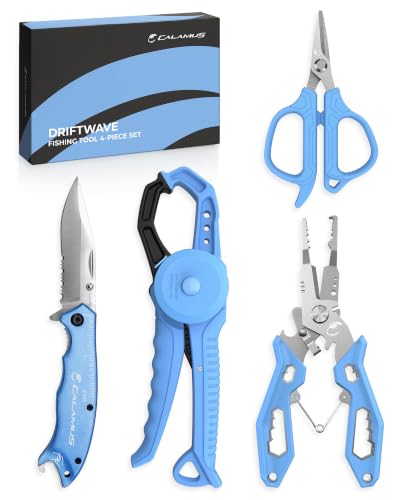 Calamus DriftWave 4-Piece Fishing Tool Kit with Pliers, Lip Grip, Scissors & Folding Knife