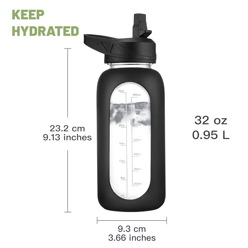 CIVAGO 32 oz Insulated Glass Water Bottle with Straw & Black Holder
