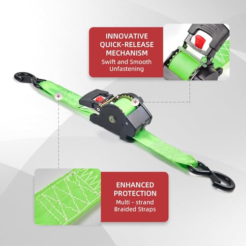 Retractable Ratchet Tie-Down Straps 1" x 10ft, 1800 lbs, Heavy Duty
