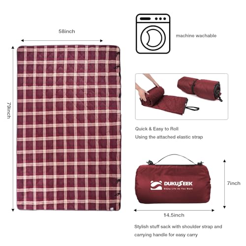 DUKUSEEK Waterproof Camping Blanket with Hood - Large Fleece Picnic Blanket for Outdoor, Stadium, Concerts, Car, Pet (Wine Red Plaid)