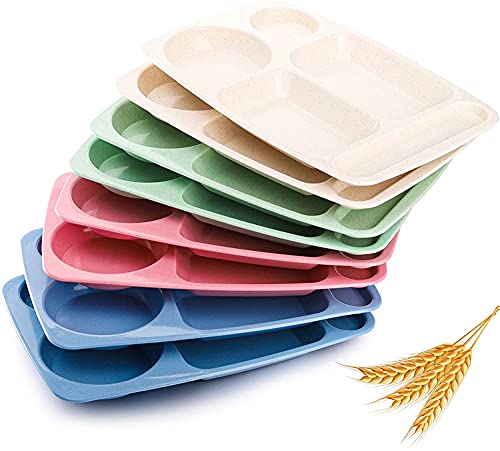 WUWEOT 8 Pack Divided Food Plates – 13.5" Wheat Straw Tray with 5 Compartments, Unbreakable & Dishwasher Safe