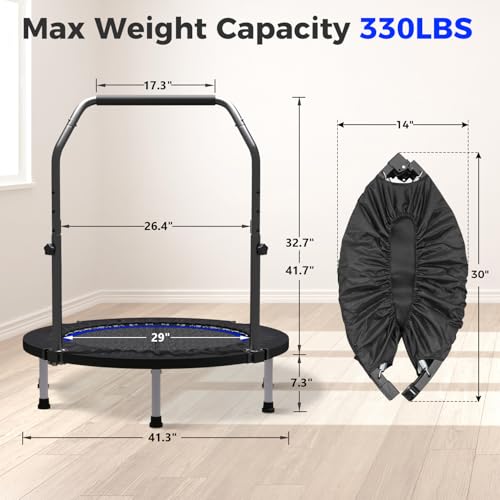 40" Mini Trampoline for Adults & Kids - Blue - Rebounder with Bar