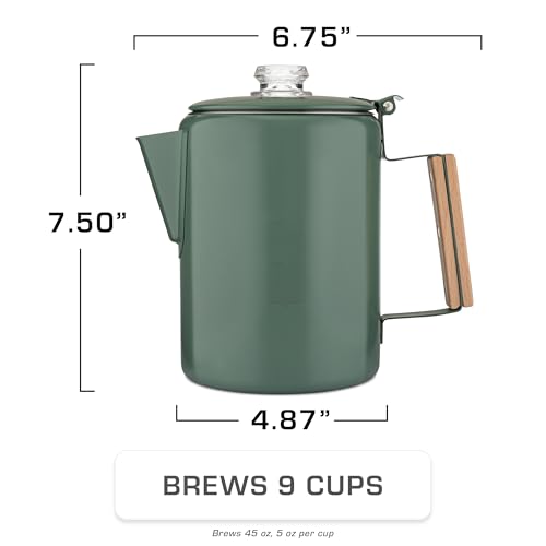 COLETTI Bozeman Color Series Percolator Coffee Pot Camp Green 9 Cup - No Aluminum or Plastic
