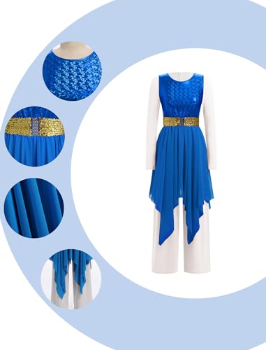 IBAKOM Women's Worship Dance Tunic & Metallic Jumpsuit Set - Royal Blue & White, Medium