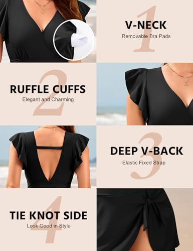Women Large Black Tummy Control One-Piece Swim Dress with Ruffle V-Neck & Tie Knot - Slimming Bathing Suit