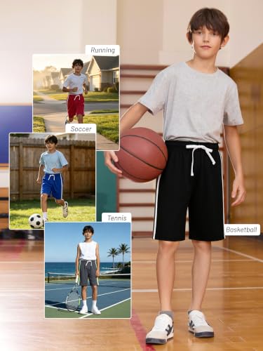 YERIOK 5 Pack Boys Athletic Shorts - Mesh, Quick Dry, Soccer & Basketball, Size 5-6 Years, Black Navy Gray Red