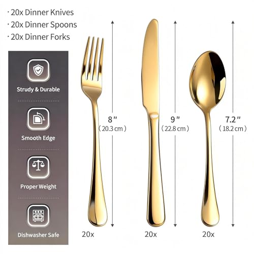 Wellfey Gold Silverware Set 60 Pieces for 20 - Dishwasher Safe Flatware