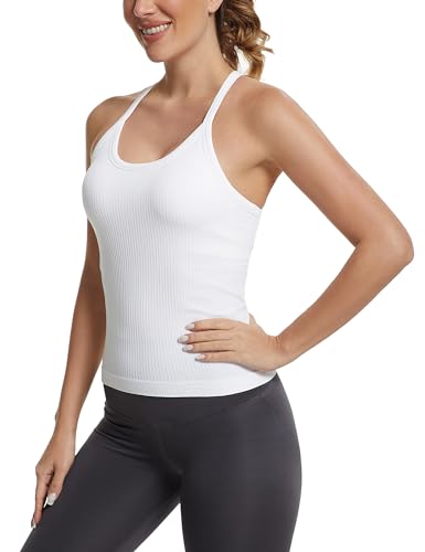 Seamless Workout Tank Top with Built-in Bra - Soft Ribbed Y-Back