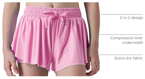Flowy Athletic Butterfly Shorts for Girls - 2-in-1 with Pockets, Large, Pink/White/Black