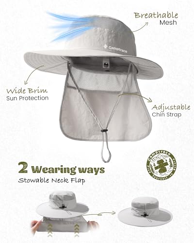 Camptrace One Size Grey Wide Brim UV Sun Hat with Neck Flap for Men & Women