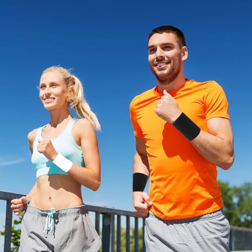 4 Inch Wrist Sweatbands - Absorbent Cotton for Sports - Blue/Black/White - 6 Pack