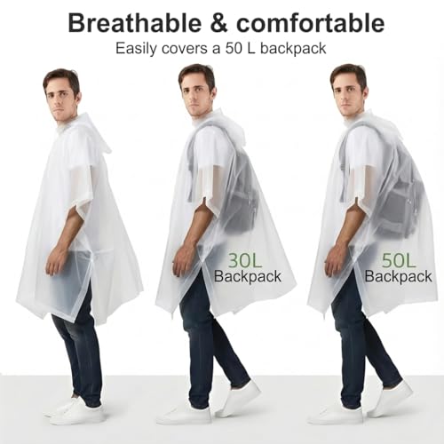 Reusable Rain Ponchos for Adults - 2 Pcs Emergency Coats with Hood - White