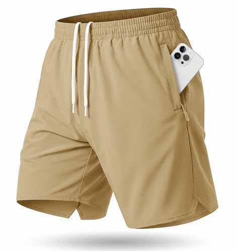 Men's 7" Khaki Athletic Workout Shorts with 3 Zipper Pockets - Medium