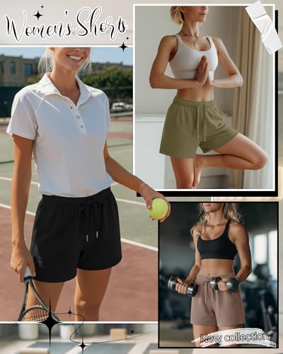 JoyMotion Women's Drawstring Sweat Shorts 3 Pack - Black, Mocha, Matcha Green, Medium