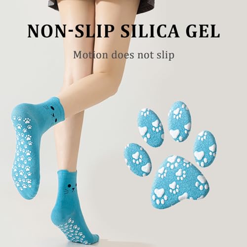 Grippy Pilates Socks for Women - Cat Paw Non-Slip Socks - Blue