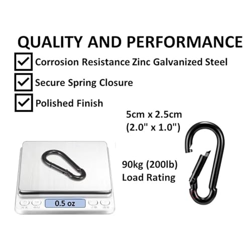 Heavy Duty Zinc-Galvanized Steel Carabiner Snap Hooks - 5cm Black 2 Pack