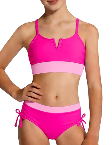 Girls Color Block Cutout Bikini Set - High Waisted Swimwear, Rose Pink, Size 11-12 Years