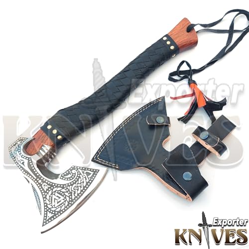 Handforged Carbon Steel Viking Axe with Wooden Handle & Leather Sheath – Camping & Outdoor Hatchet
