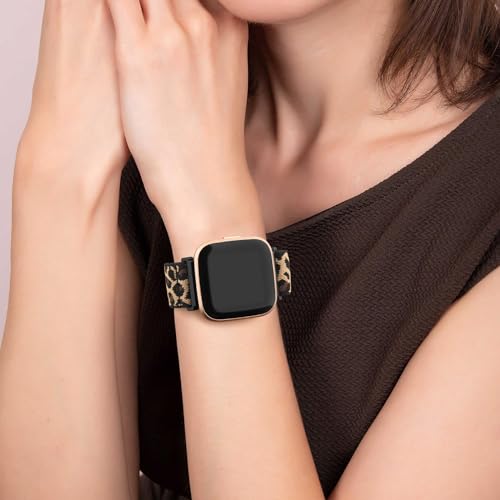 Adjustable Elastic Bands for Fitbit Versa 2 - Black & Leopard, 2-Pack