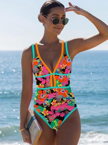 POPVIL Neon Tummy Control One-Piece Swimsuit for Women - Orange Leopard, 2026