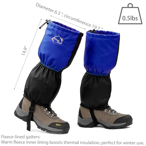 Waterproof Winter Snow Gaiters - Blue Fleece Ankle Covers for Hiking