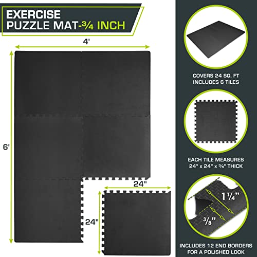 Extra Thick Exercise Puzzle Mat ¾-Inch - Black, 6 Tiles (24 SQ FT)